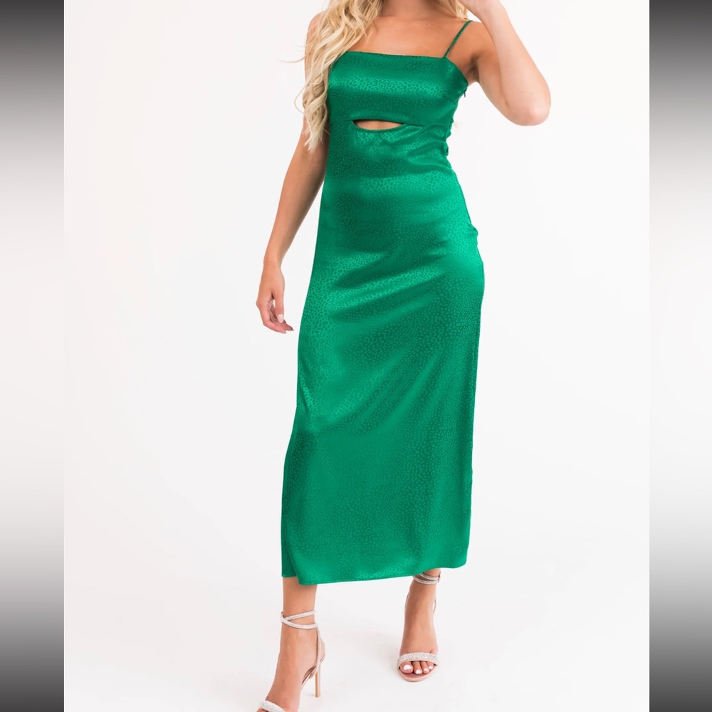New Animal print spaghetti strap Green satin midi Dress size medium Christmas
